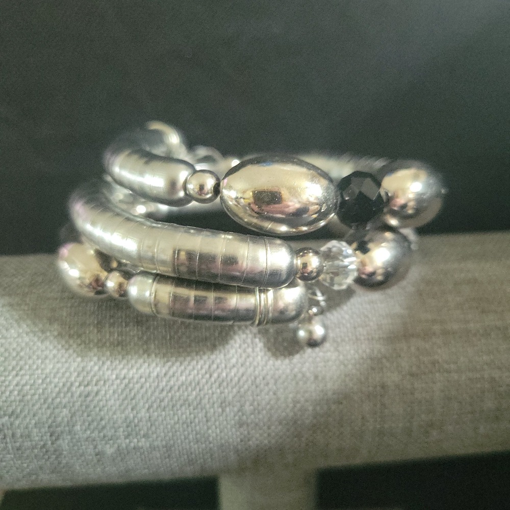 Silver Tone Beaded Multi Row Wrap Coil Bracelet Adjustable Size Eclectic